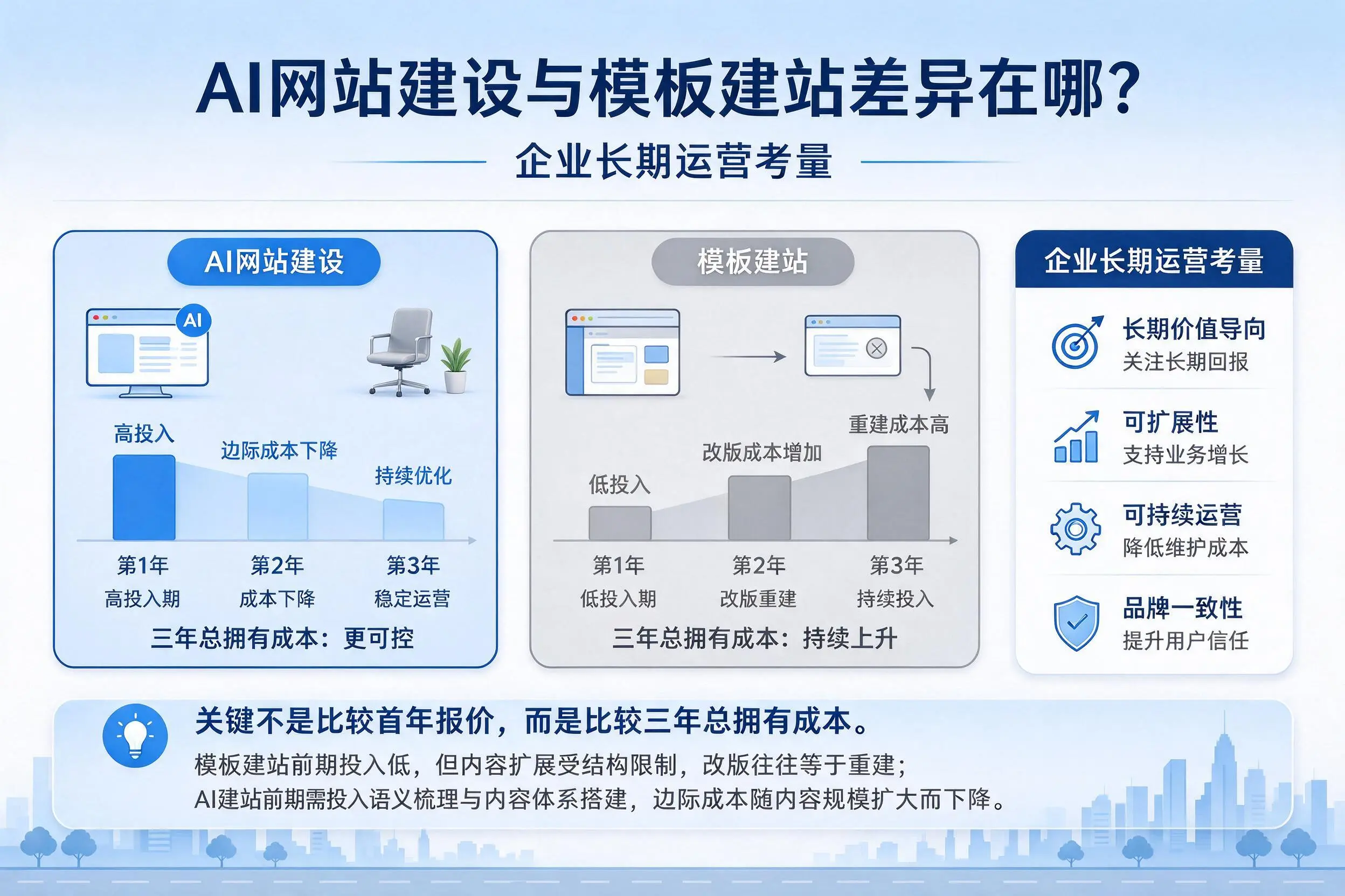 AI网站建设与模板建站差异在哪?内江企业长期运营考量